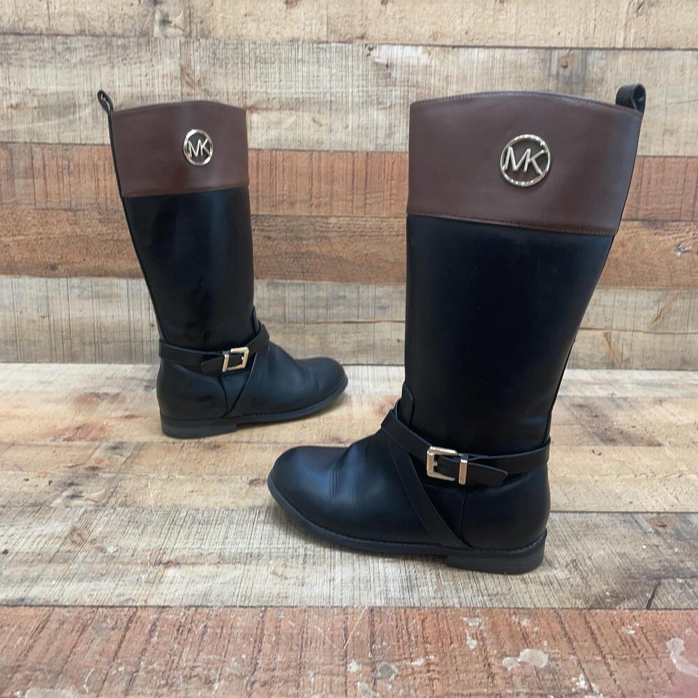Michael Kors Katya Boots Girls Size 2 33 Black Brown Logo Zip Biker Riding